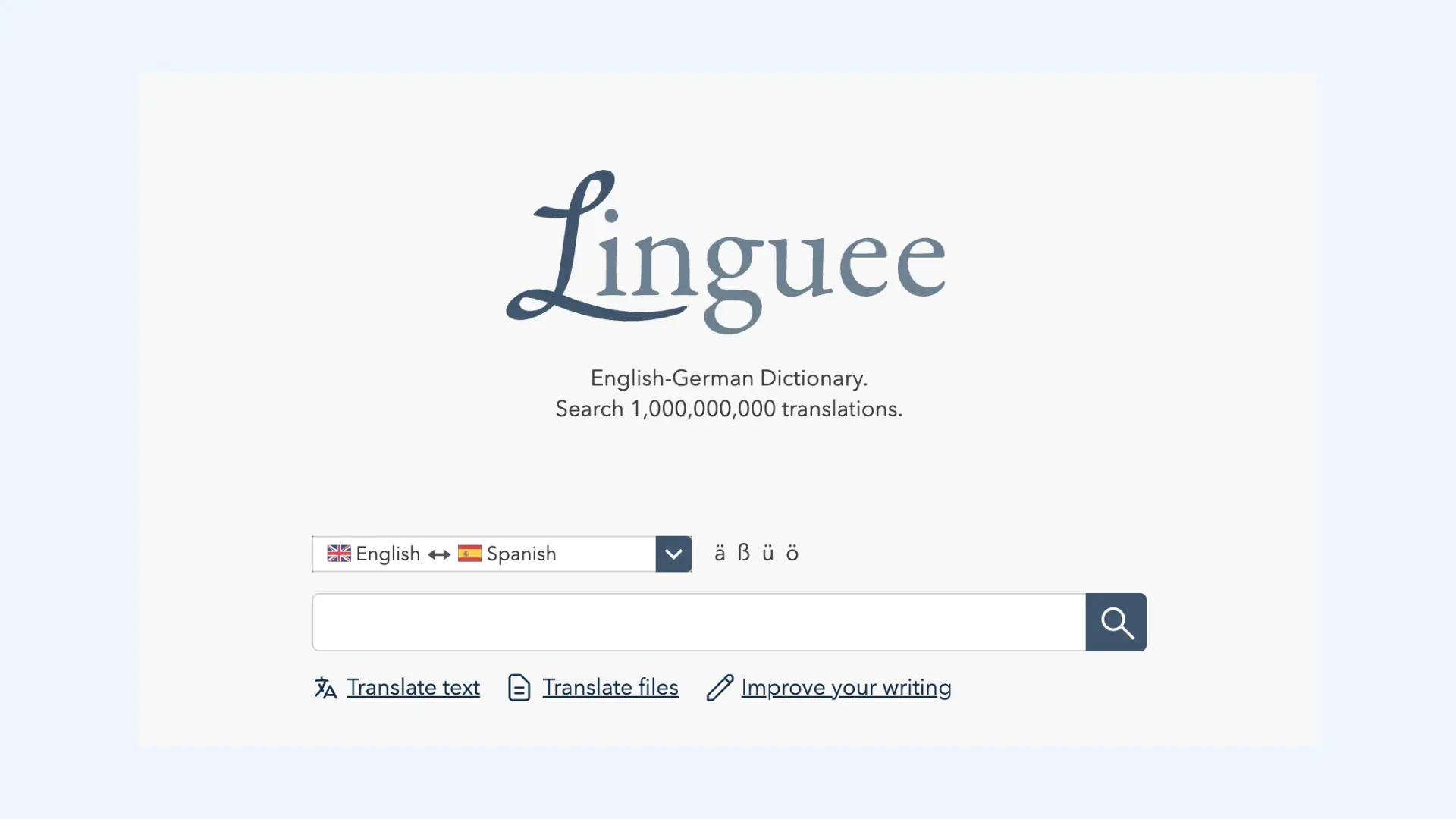 Lingueeのホームページ。英語-スペイン語辞書検索バーと翻訳機能を表示。